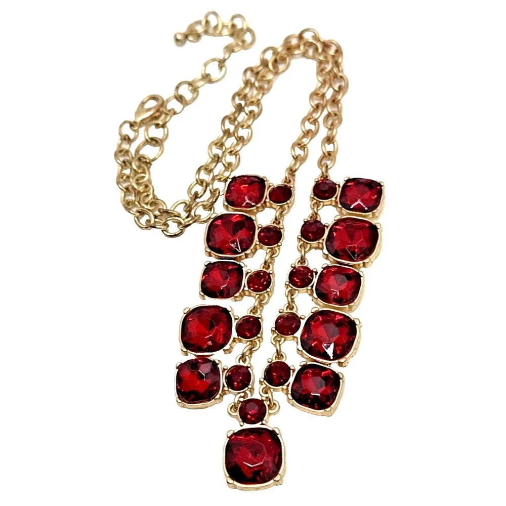Vintage Red Crystal Rhinestone Statement Collar Necklace Gold Tone Statement 22”